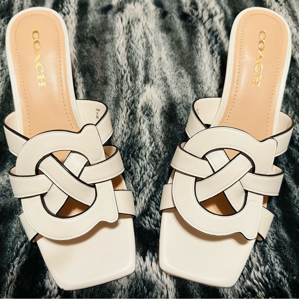 Coach Chalk Colored LeatherSlide Sandals with Woven Design